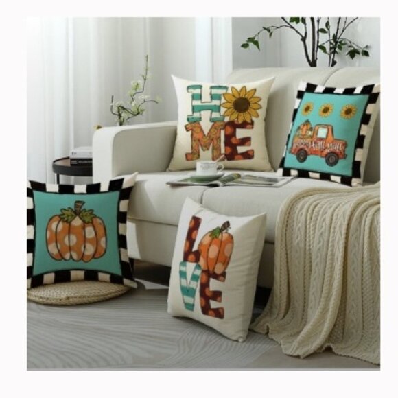 Set of 4 Love Home Pumpkin Autumn Farmhouse Pillow Covers - Picture 3 of 8